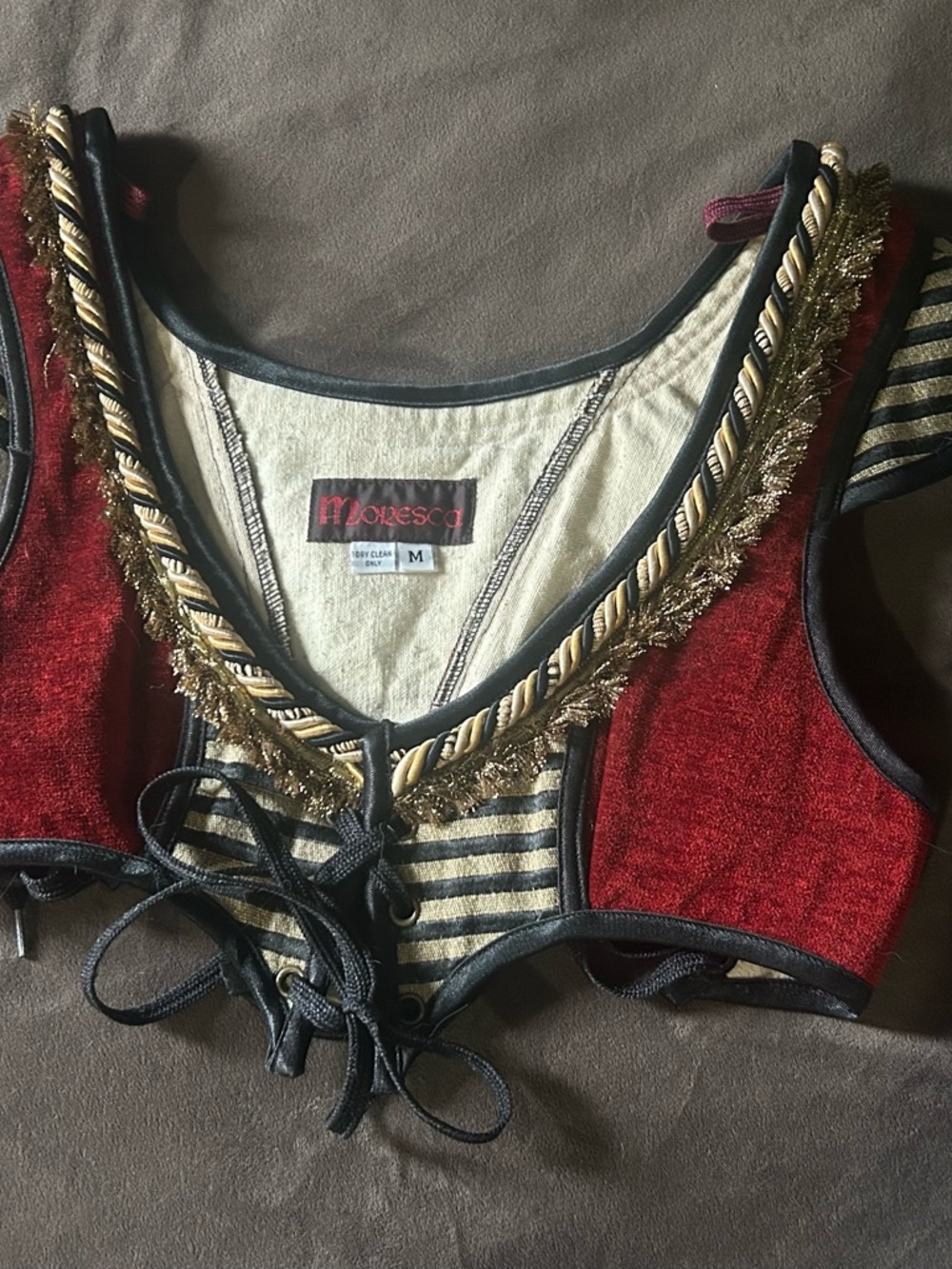 Moresca Red Velvet Lace-Up corset with Gold Braid trim